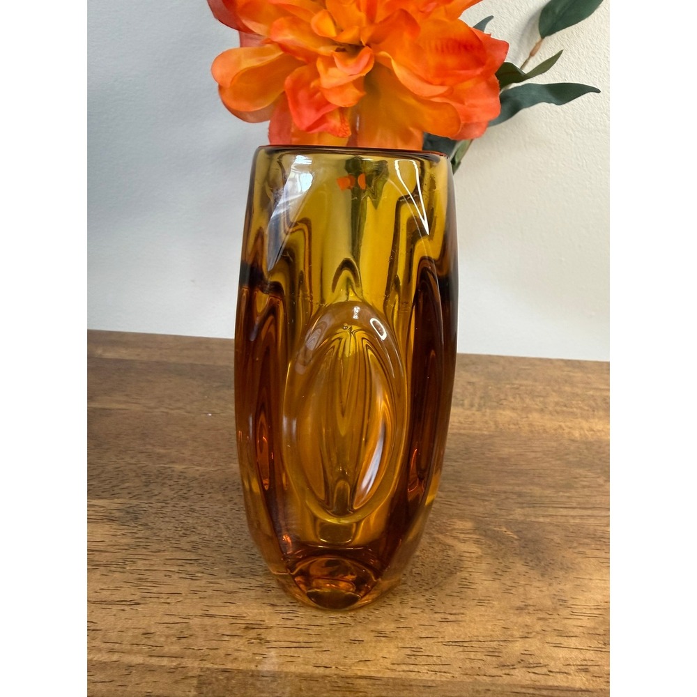 VVintage Rosice Sklo Union Amber Lens Glass Vase Czech Mid Century Modern